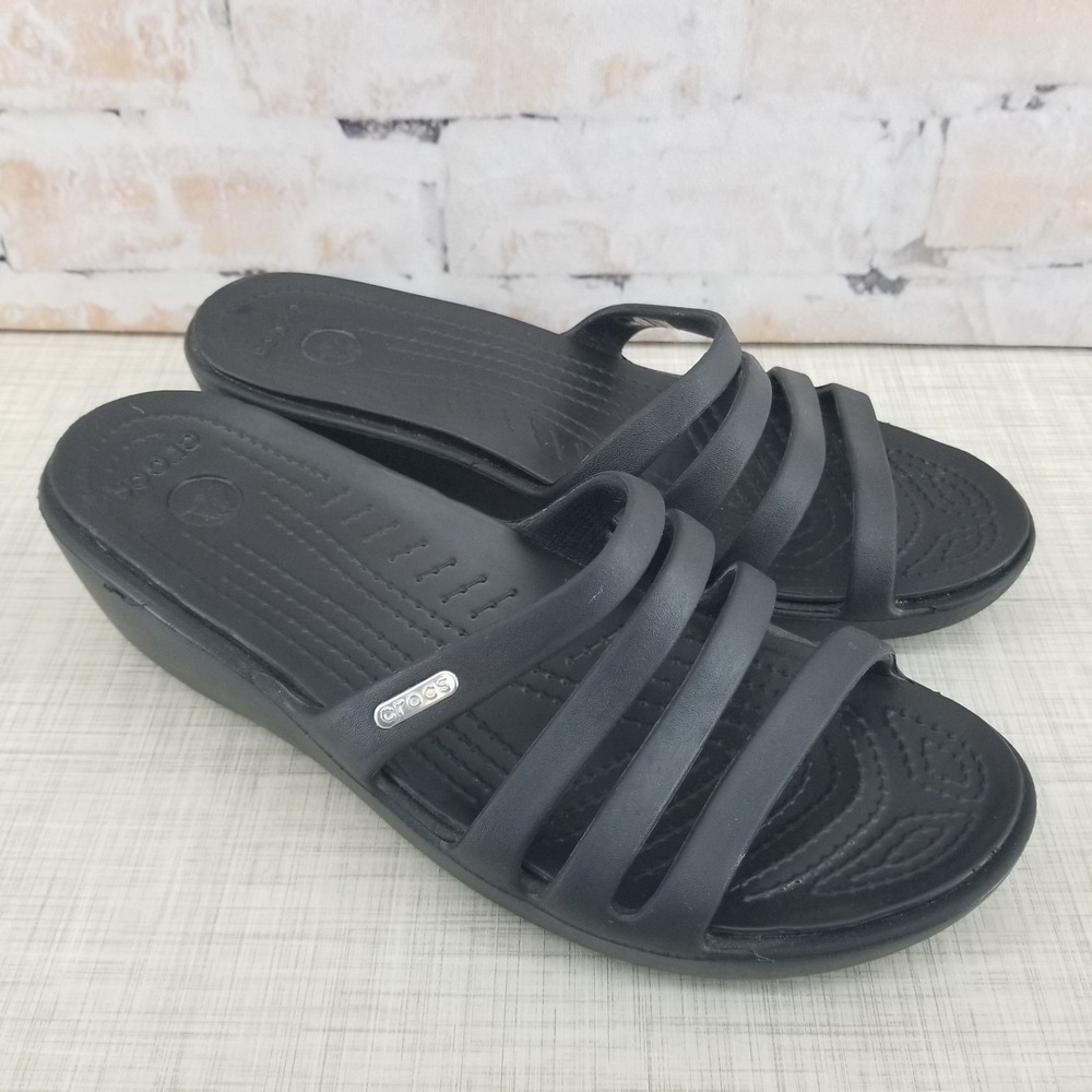 Crocs Rhonda Wedge Slip-on Strappy Sandal Open Toe Black Women's 9